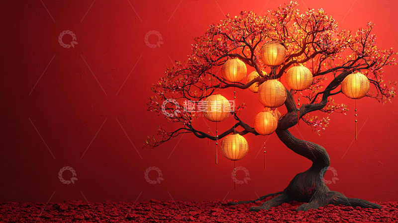 高清大图下载【趣麦麦图】红底红灯笼盆景树