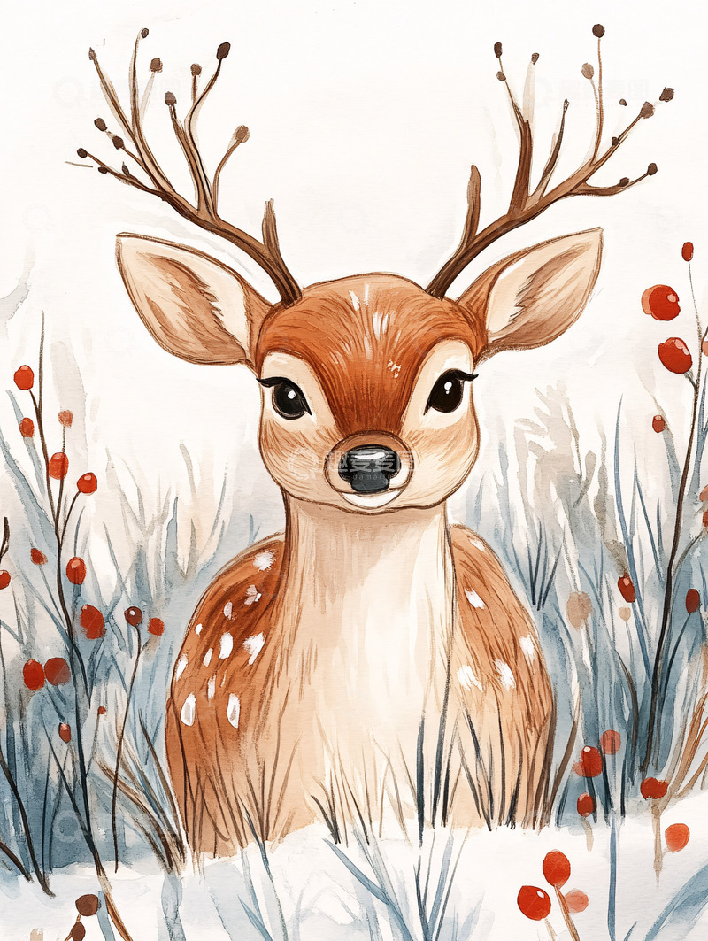 高清大图下载【趣麦麦图】可爱小鹿冬季水彩画