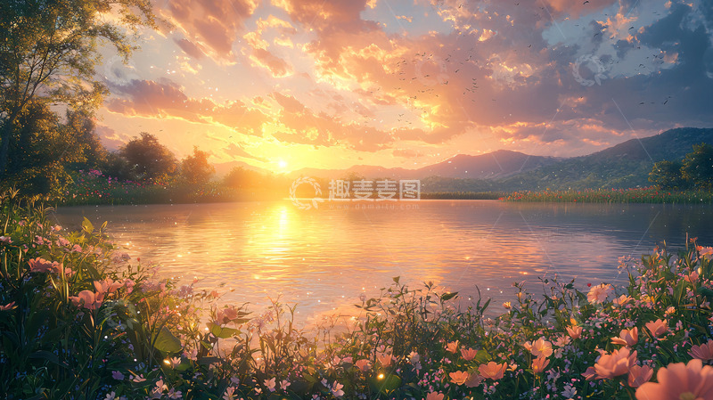 高清大图下载【趣麦麦图】日落湖边鲜花盛开