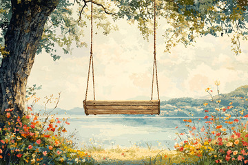 树下秋千湖边风景