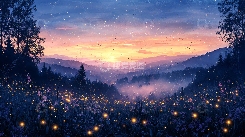 高清大图下载【趣麦麦图】梦幻山谷日落萤火虫