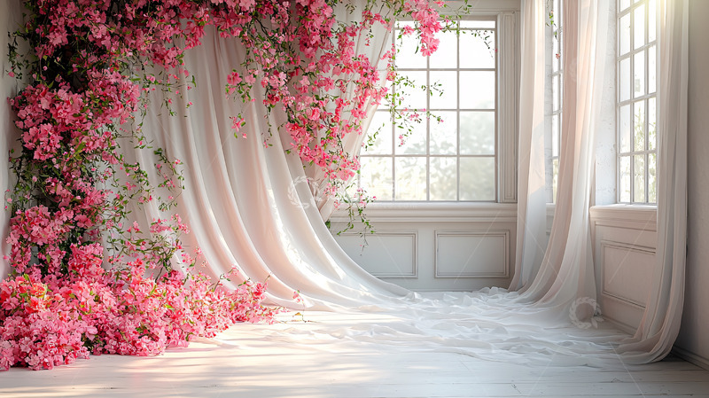 高清大图下载【趣麦麦图】粉色花朵窗帘背景