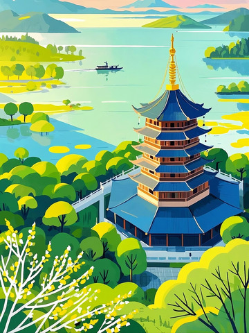 春天杭州西湖雷峰塔插画