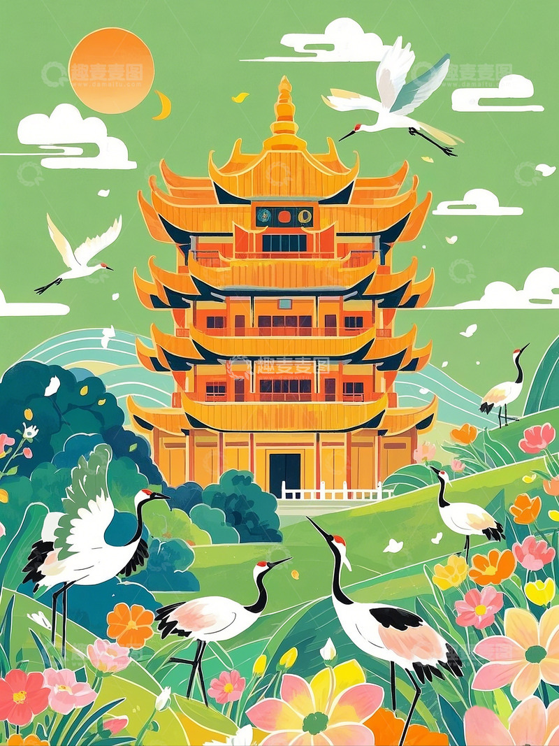 高清大图下载【趣麦麦图】春日黄鹤楼国潮风插画