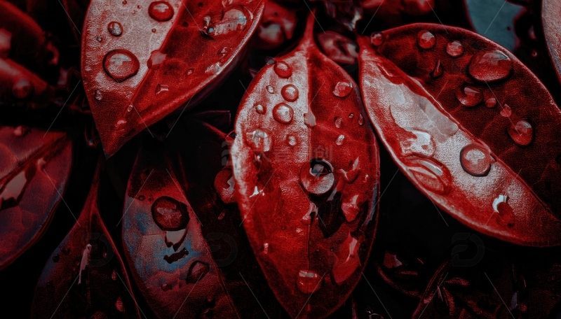 高清大图下载【趣麦麦图】覆水珠的深红色叶片群