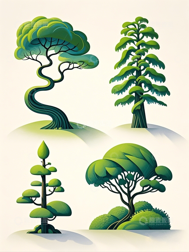 高清大图下载【趣麦麦图】手绘插画各种不同形态的树木5