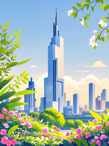 南京紫峰大厦春日插画