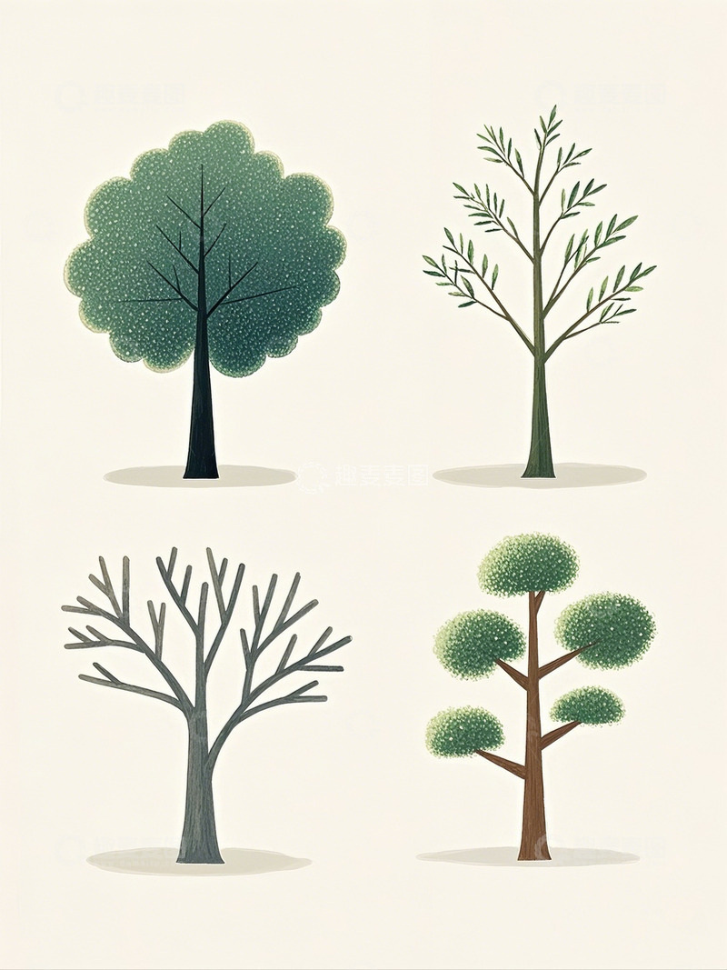 高清大图下载【趣麦麦图】手绘插画各种不同形态的树木3
