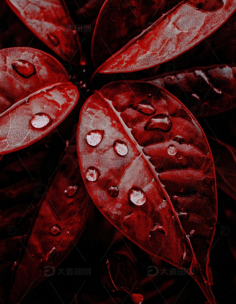 高清大图下载【趣麦麦图】带水珠的深红叶片特写