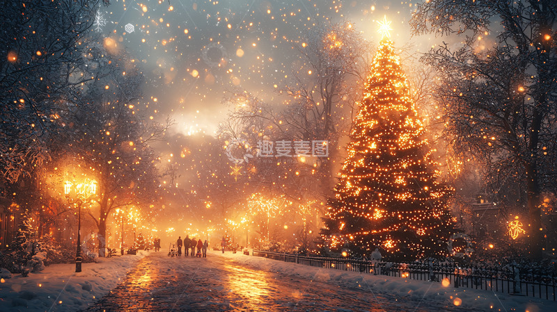 高清大图下载【趣麦麦图】下雪的圣诞树夜景