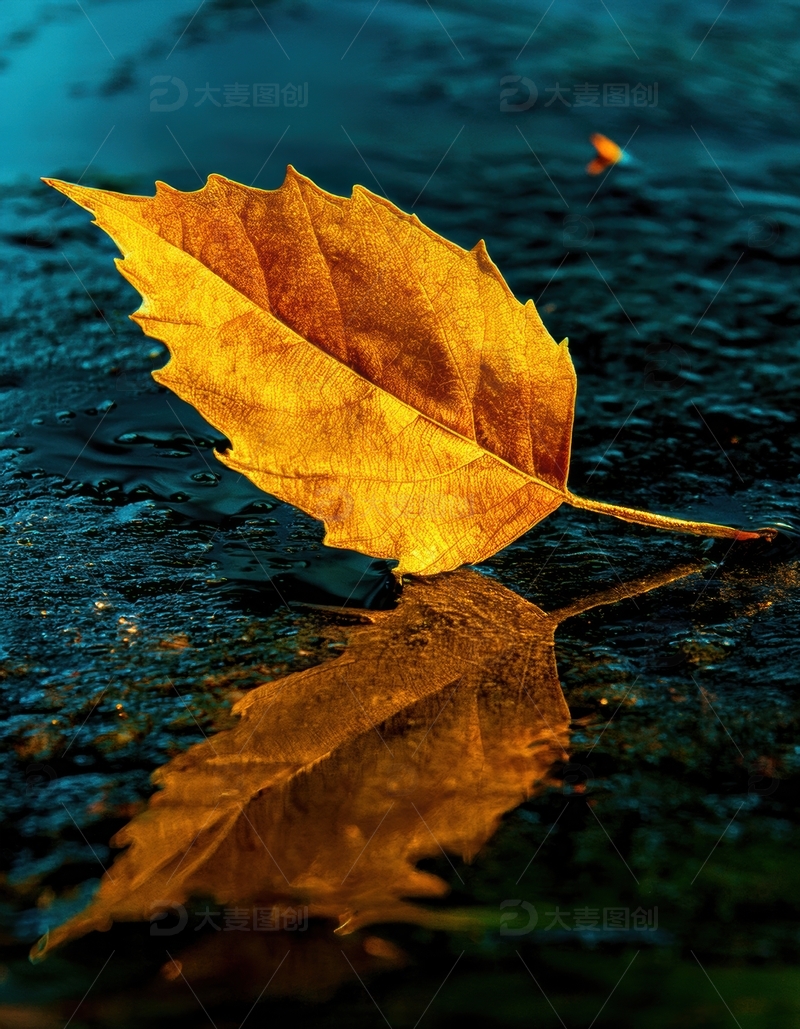 高清大图下载【趣麦麦图】橙黄叶片于湿地面的投影