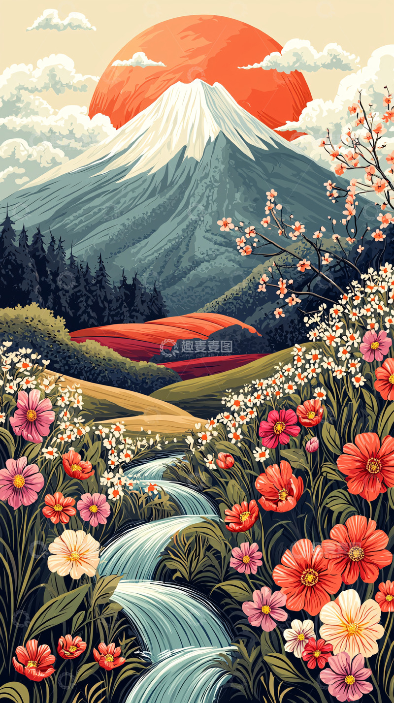 高清大图下载【趣麦麦图】富士山下的花海与日出