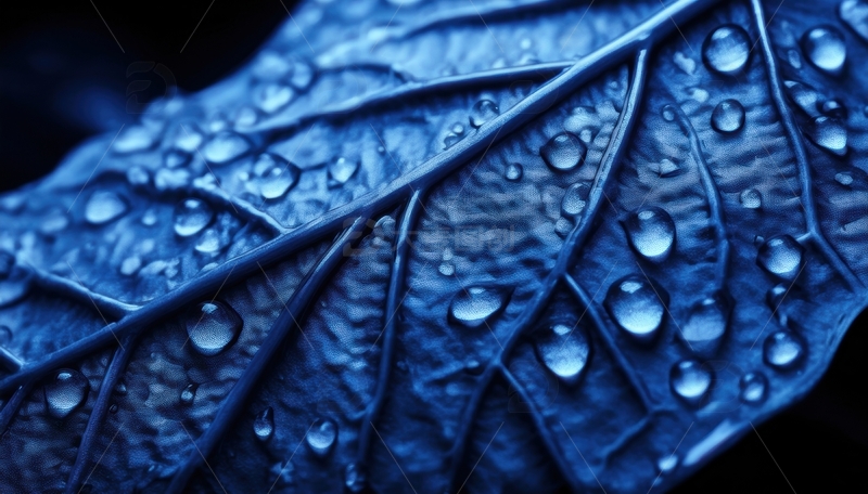 高清大图下载【趣麦麦图】蓝色叶片脉络与水珠