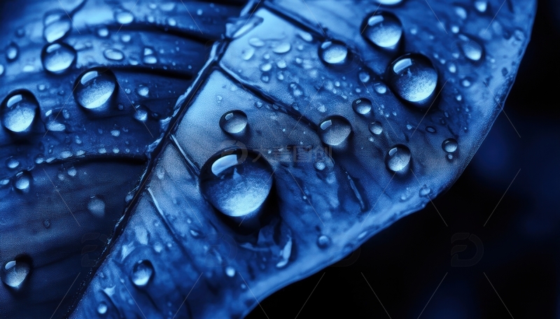 高清大图下载【趣麦麦图】蓝色叶片水珠特写镜头