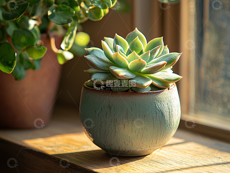 高清大图下载【趣麦麦图】-窗边阳光下的多肉植物