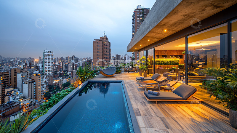 高清大图下载【趣麦麦图】城市顶层公寓泳池夜景