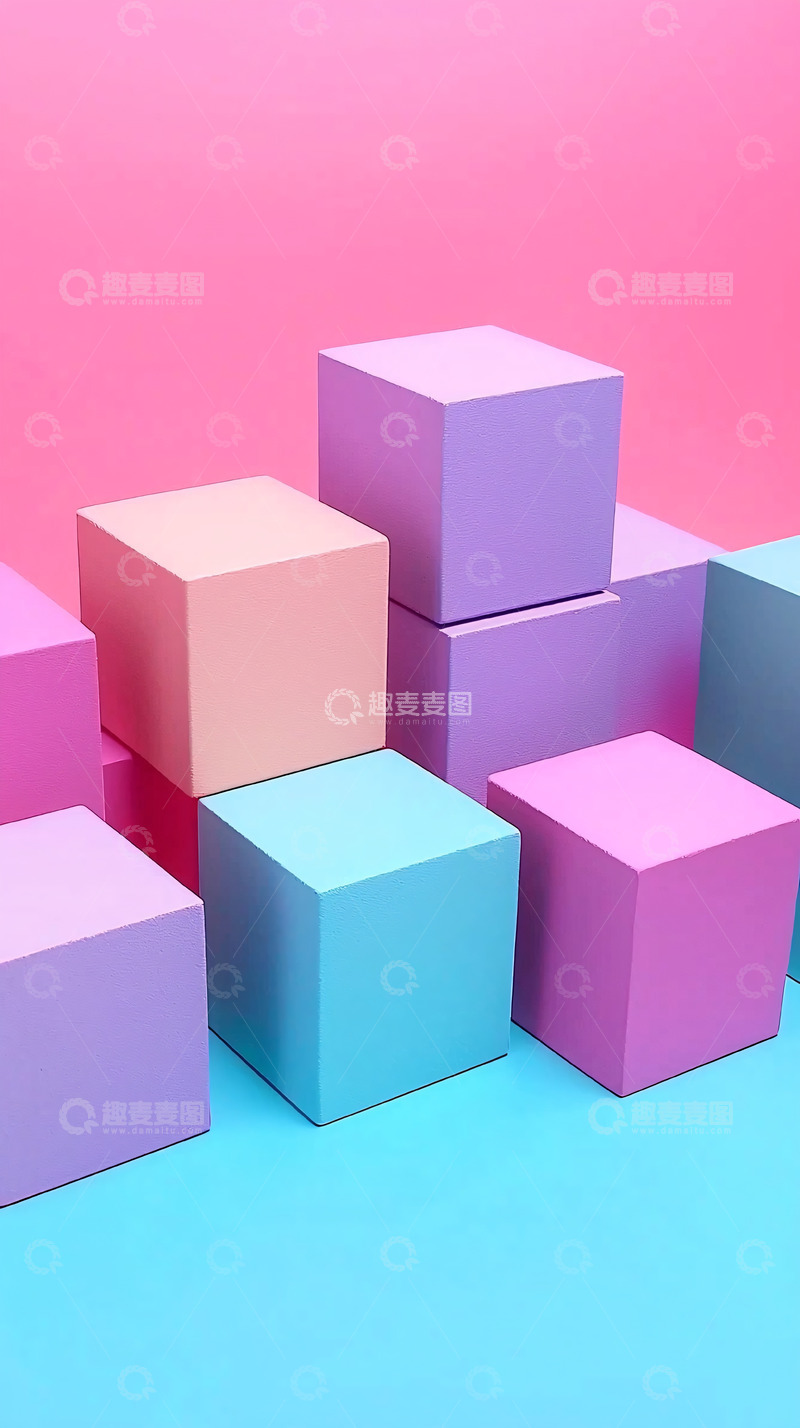 高清大图下载【趣麦麦图】粉色背景下堆叠的彩色方块