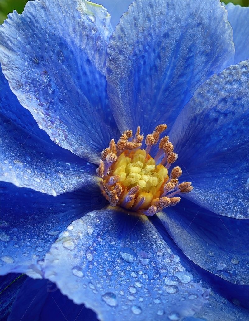 高清大图下载【趣麦麦图】蓝色花朵水珠覆盖景象