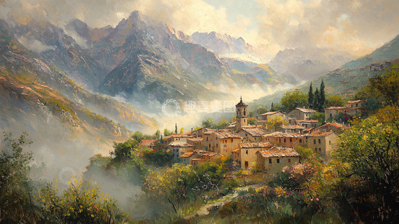 高清大图下载【趣麦麦图】山峦环绕的宁静小镇