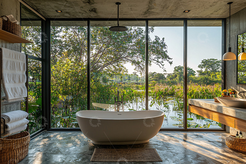 高清大图下载【趣麦麦图】极简风落地窗景观浴缸