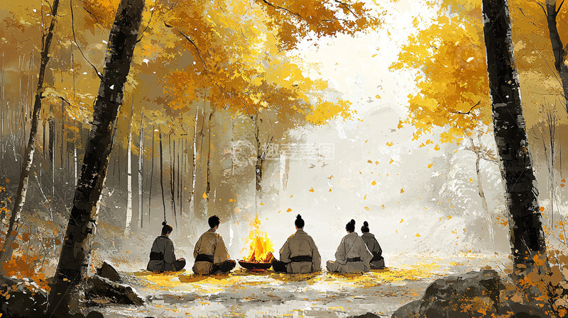 高清大图下载【趣麦麦图】秋日森林篝火旁人物聚会