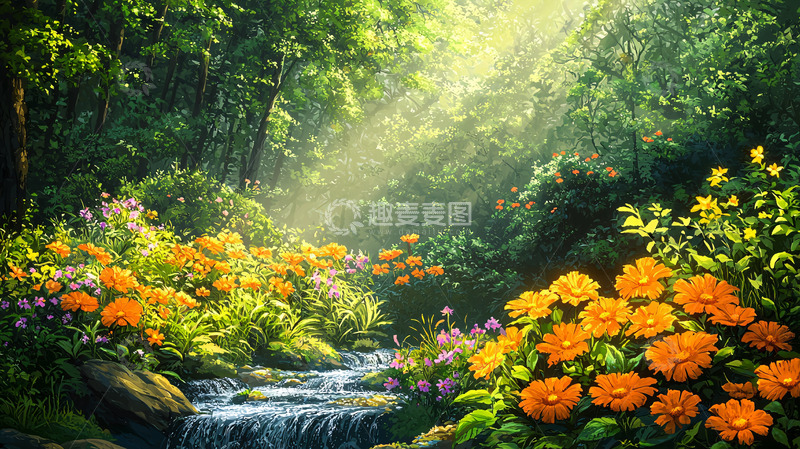 高清大图下载【趣麦麦图】阳光森林溪流