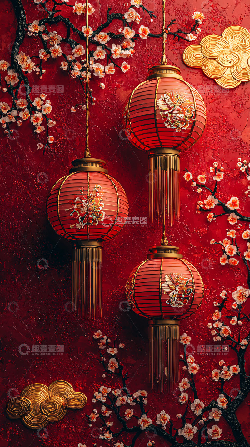 高清大图下载【趣麦麦图】红色灯笼和梅花的新年背景