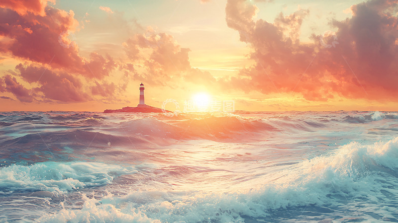 高清大图下载【趣麦麦图】海边日落灯塔
