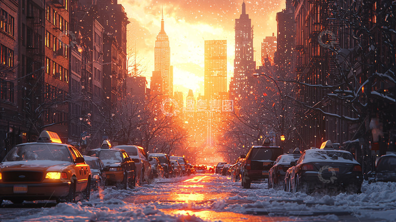 高清大图下载【趣麦麦图】雪中城市日落