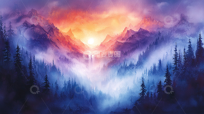 高清大图下载【趣麦麦图】雾气山谷日出