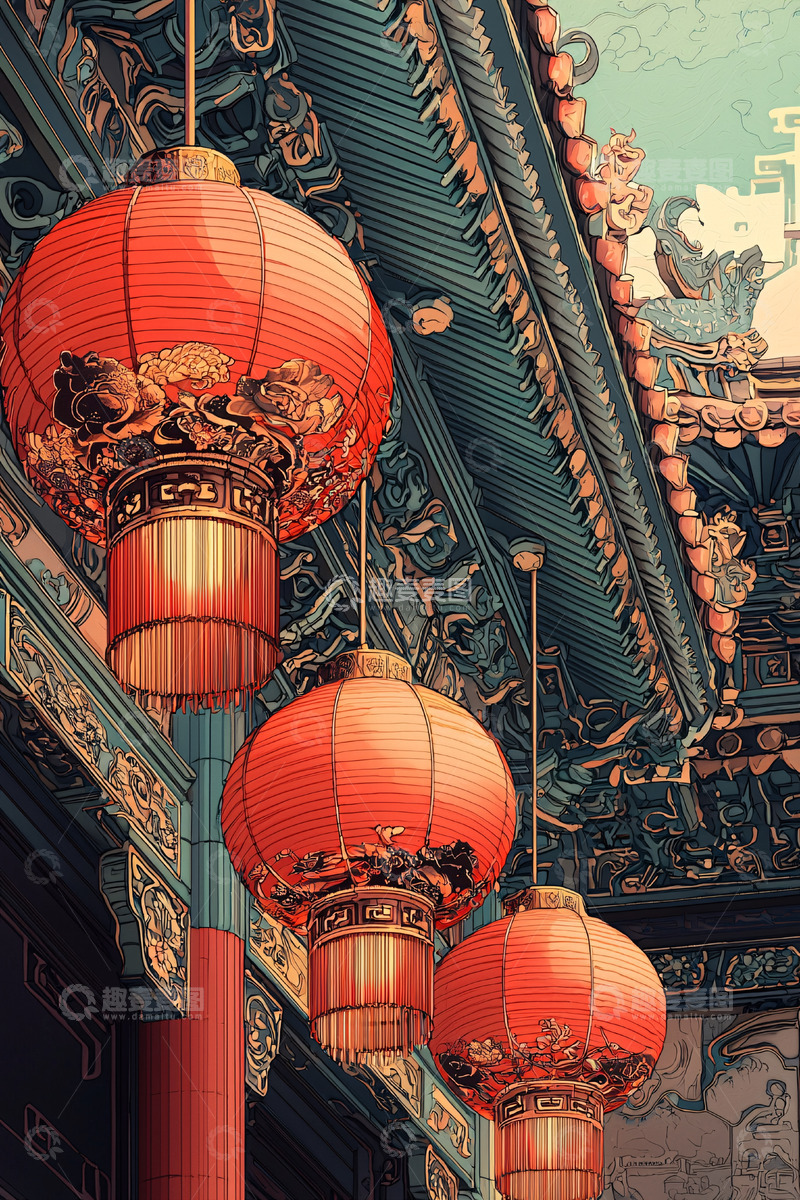 高清大图下载【趣麦麦图】中国风红灯笼建筑屋檐
