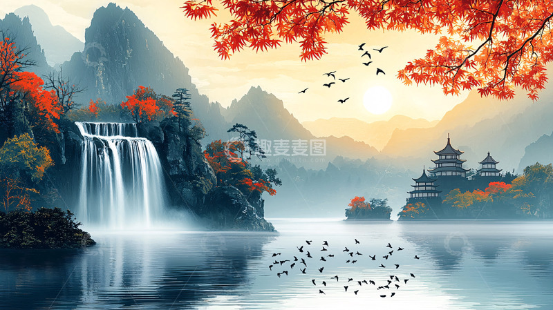 高清大图下载【趣麦麦图】秋日水墨山水风景画