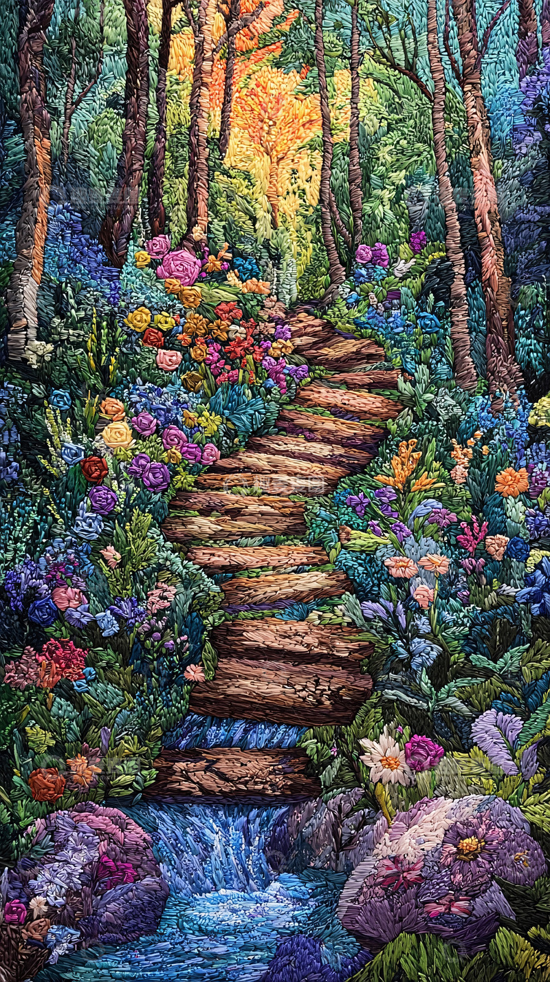 高清大图下载【趣麦麦图】森林小路鲜花瀑布