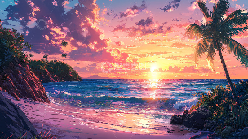 高清大图下载【趣麦麦图】唯美日落海滩景色