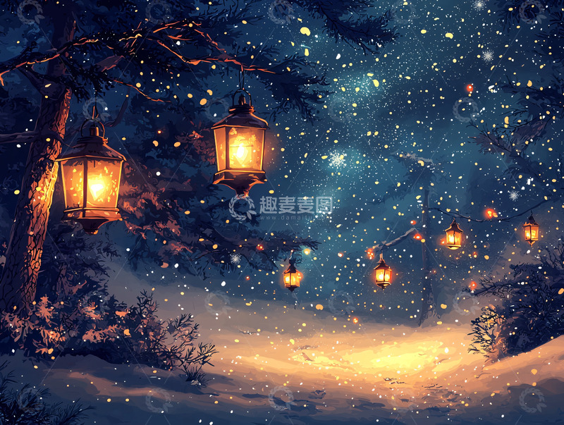 高清大图下载【趣麦麦图】雪夜树林灯笼