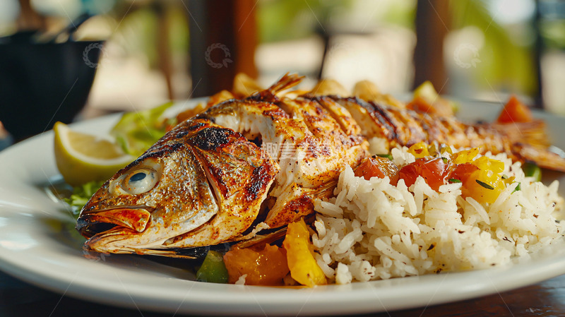 高清大图下载【趣麦麦图】烤鱼配米饭
