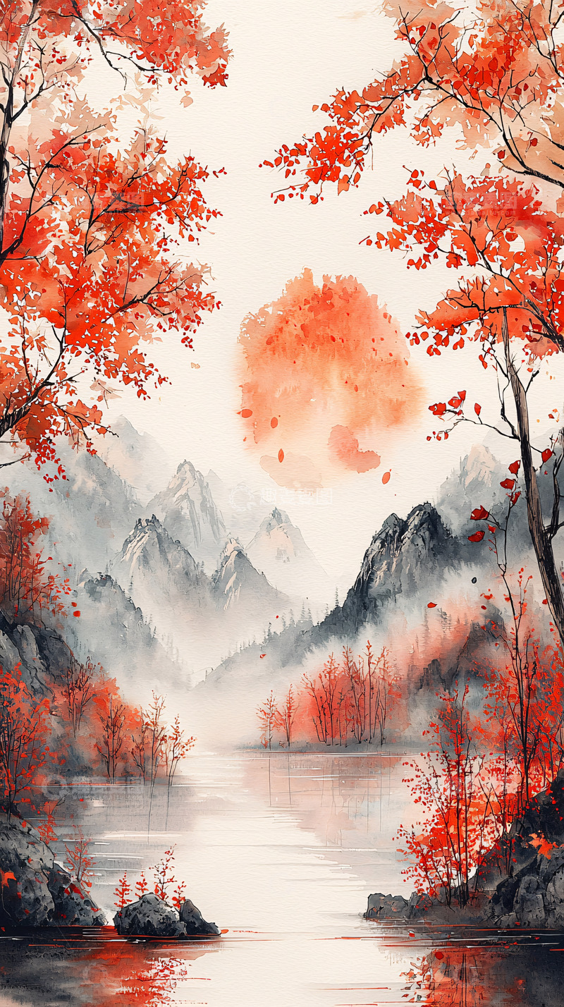 高清大图下载【趣麦麦图】红叶山水画