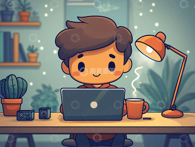 高清大图下载【趣麦麦图】卡通男孩在电脑前工作