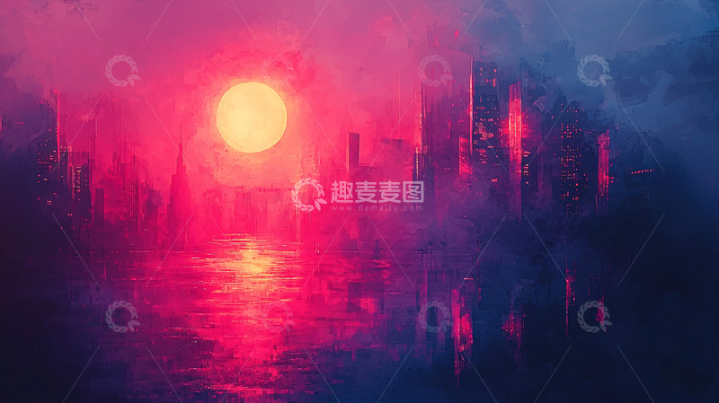 高清大图下载【趣麦麦图】血红色的夕阳下的未来城市