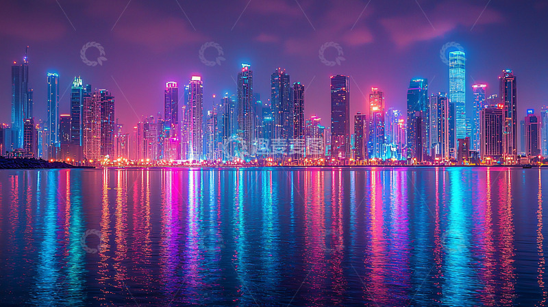 高清大图下载【趣麦麦图】夜色中多彩的都市天际线