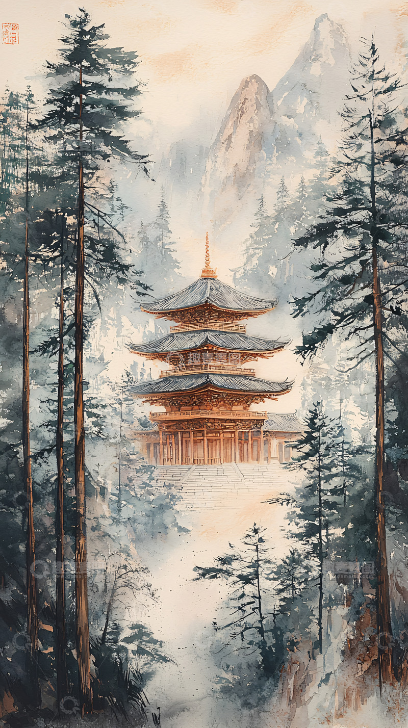 高清大图下载【趣麦麦图】山间水墨寺庙建筑