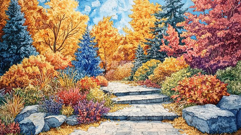 高清大图下载【趣麦麦图】秋日森林石阶小路