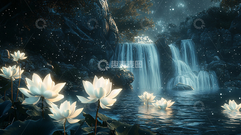 高清大图下载【趣麦麦图】夜色瀑布莲花仙境