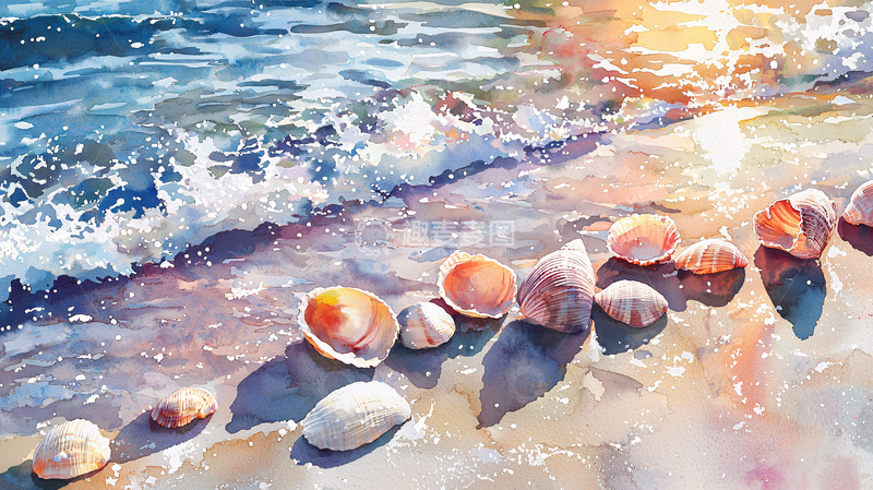 高清大图下载【趣麦麦图】海边贝壳水彩画