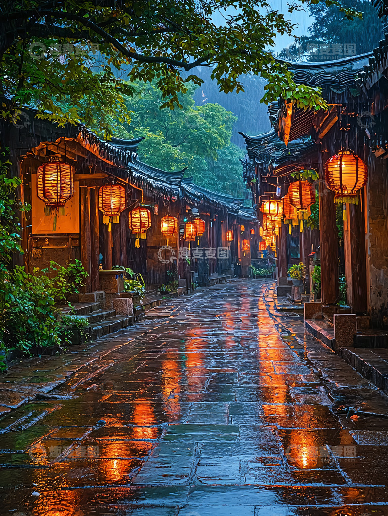 高清大图下载【趣麦麦图】雨夜古镇