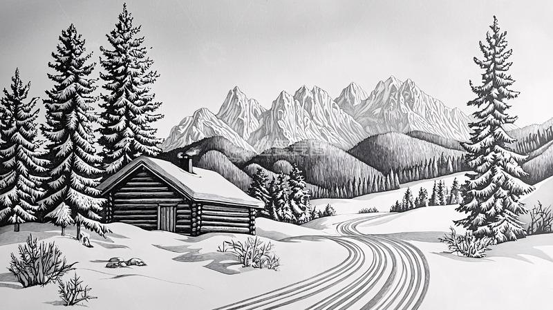 高清大图下载【趣麦麦图】铅笔画冬季雪景小屋