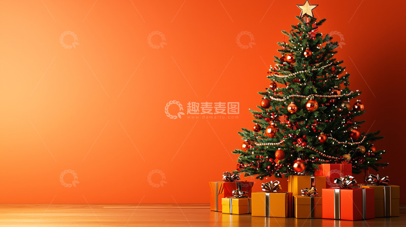 高清大图下载【趣麦麦图】橙色背景圣诞树