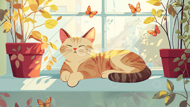 高清大图下载【趣麦麦图】窗边晒太阳的猫咪