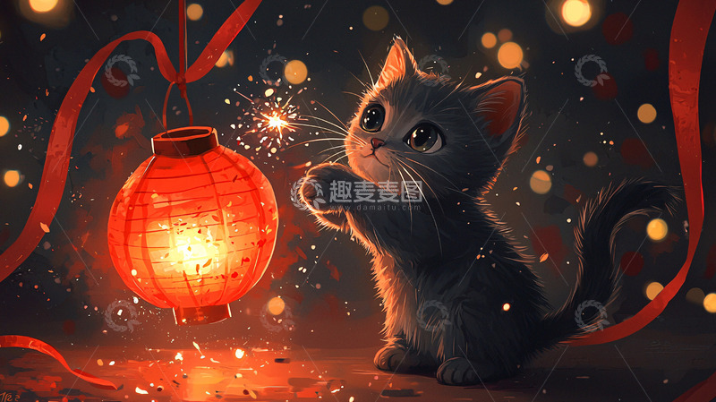 高清大图下载【趣麦麦图】小猫玩耍红灯笼