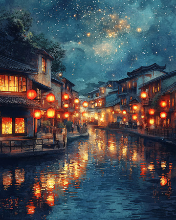 夜幕下的江南水乡灯火